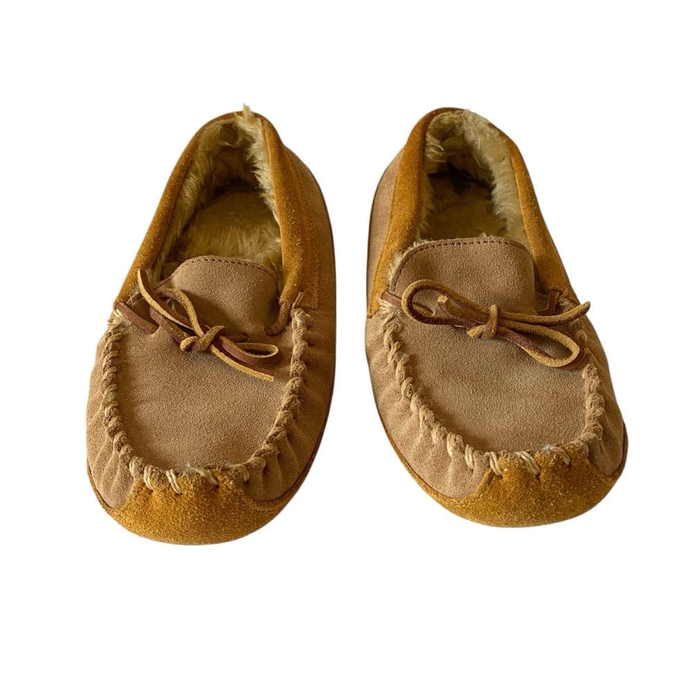 L.L. Bean Wicked Good Suede Leather Faux Fur Lined Moccasin Slippers Kids Sz 5